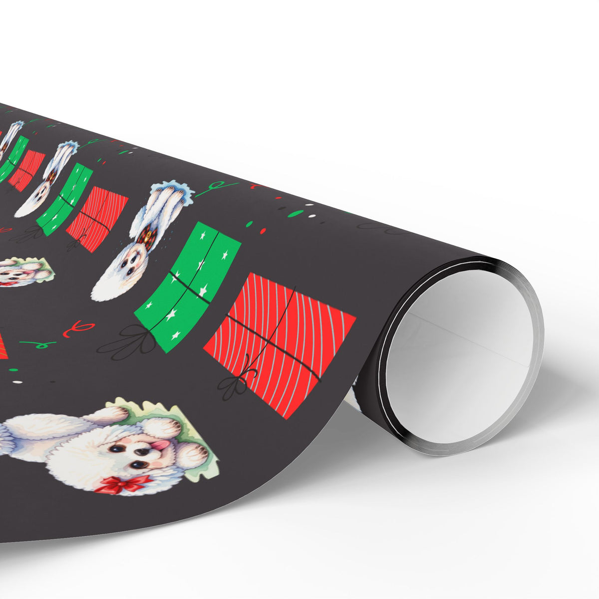 Christmas Bichon Puppy Wrapping Paper — Black Background with Red & Green Presents