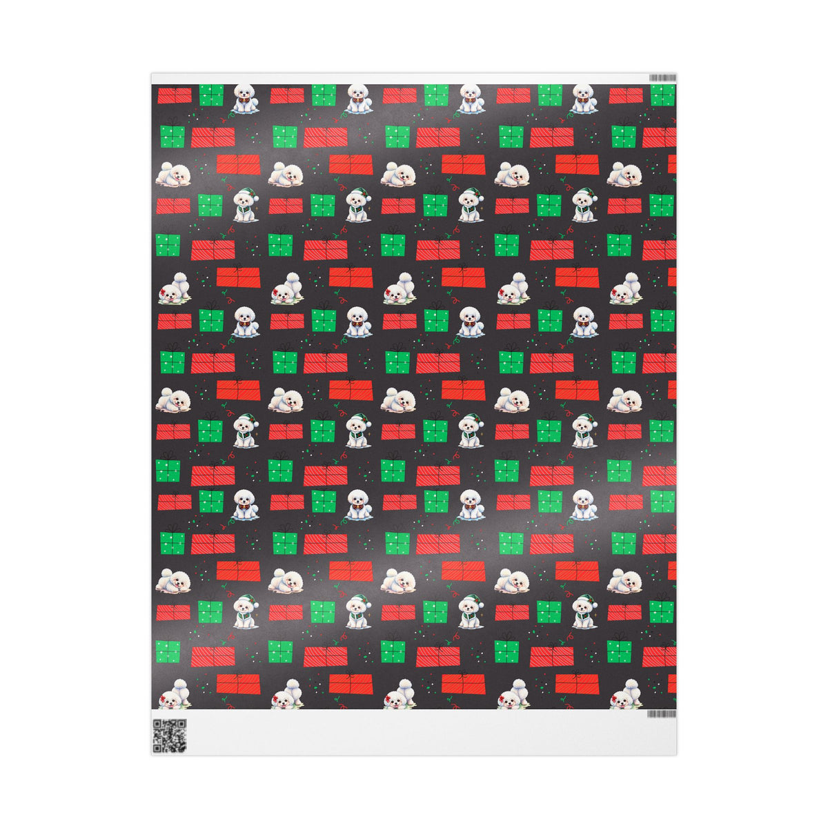 Christmas Bichon Puppy Wrapping Paper — Black Background with Red & Green Presents
