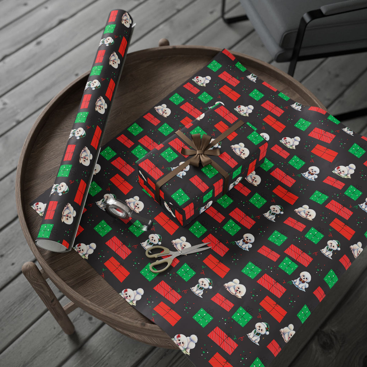 Christmas Bichon Puppy Wrapping Paper — Black Background with Red & Green Presents