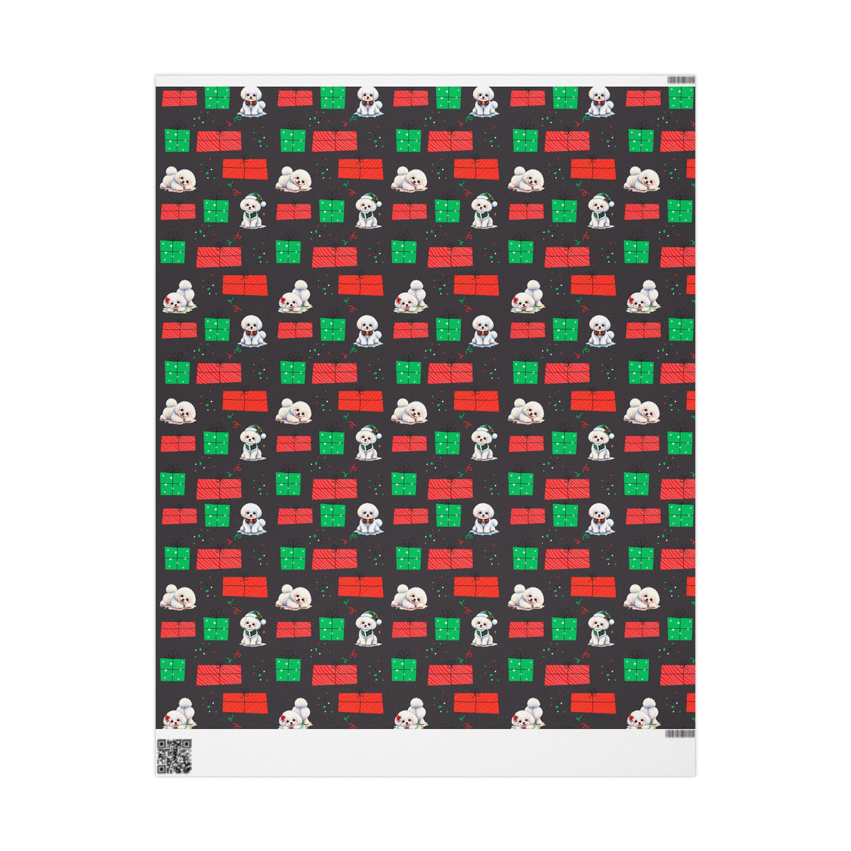 Christmas Bichon Puppy Wrapping Paper — Black Background with Red & Green Presents