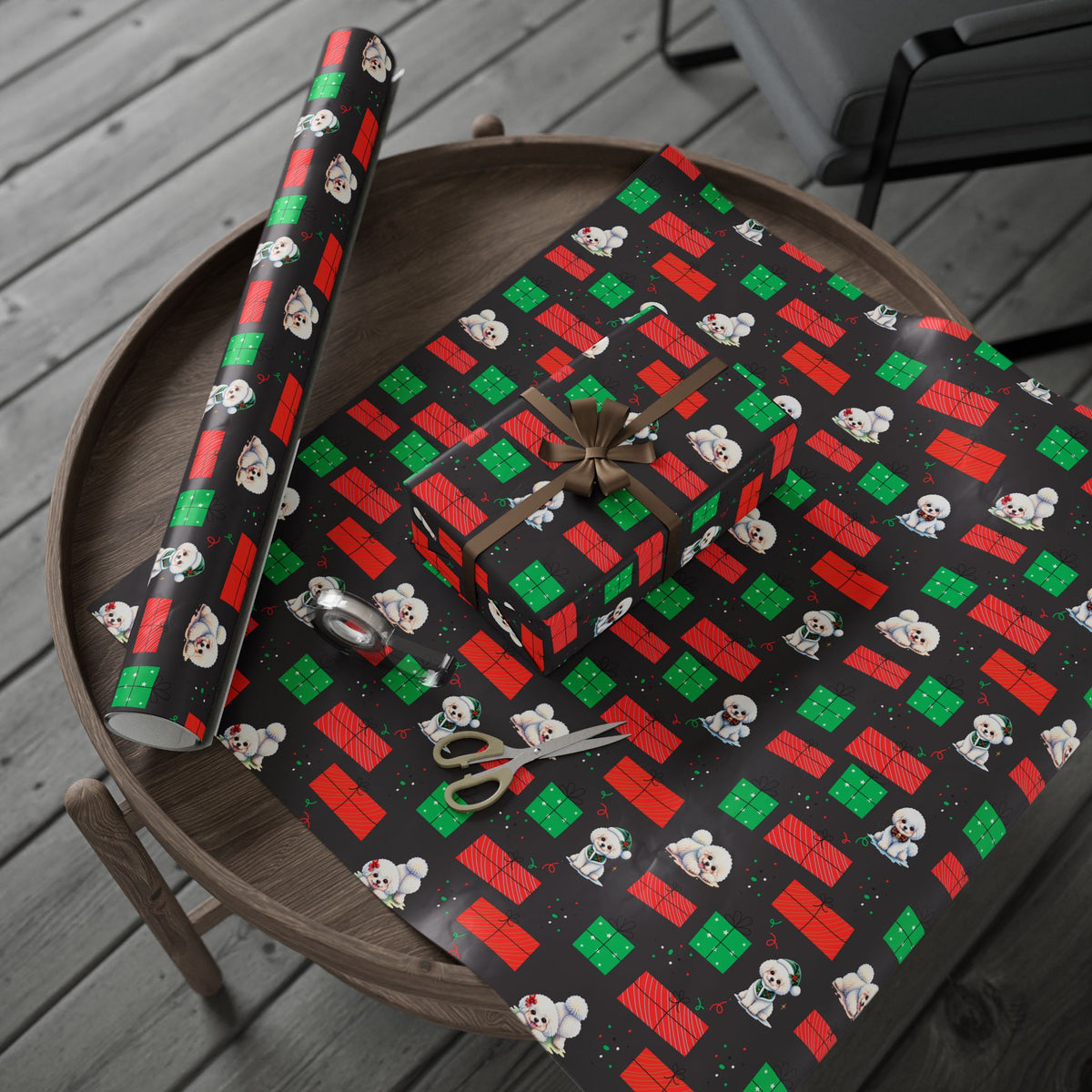 Christmas Bichon Puppy Wrapping Paper — Black Background with Red & Green Presents