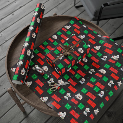 Christmas Bichon Puppy Wrapping Paper — Black Background with Red & Green Presents