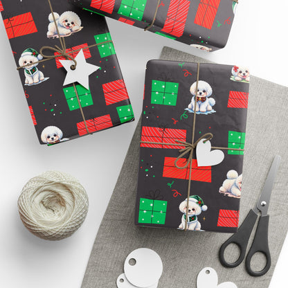 Christmas Bichon Puppy Wrapping Paper — Black Background with Red & Green Presents