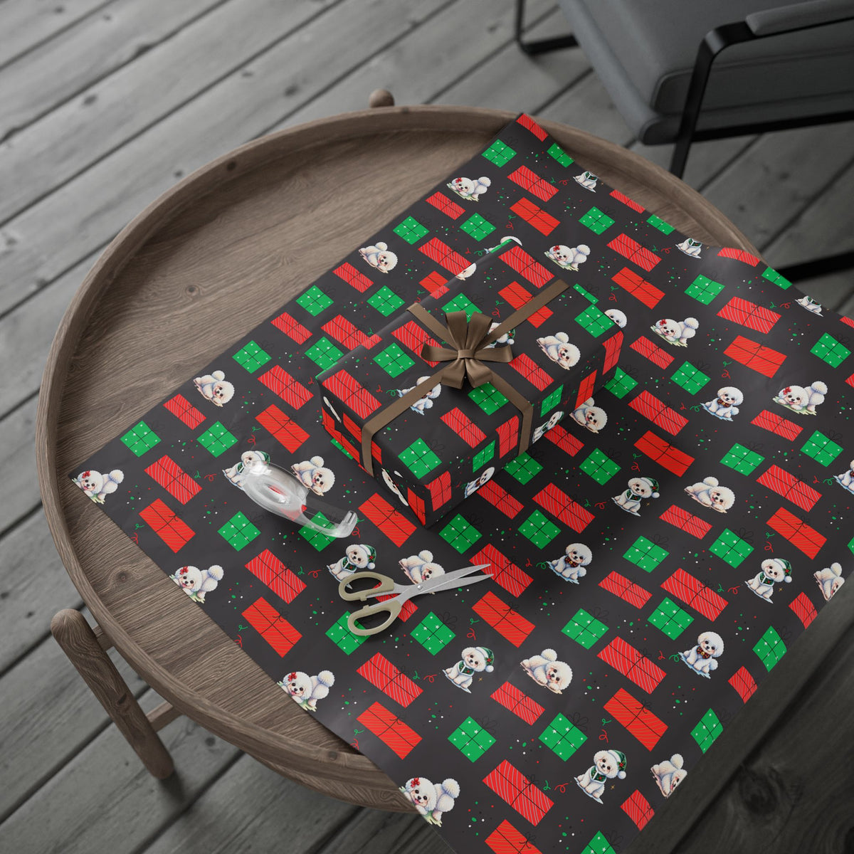Christmas Bichon Puppy Wrapping Paper — Black Background with Red & Green Presents