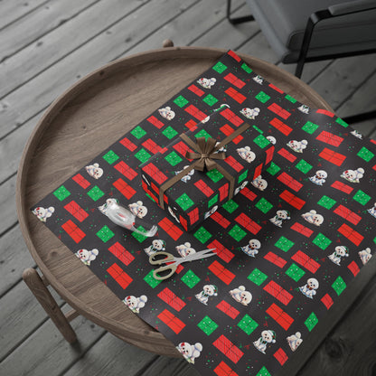 Christmas Bichon Puppy Wrapping Paper — Black Background with Red & Green Presents