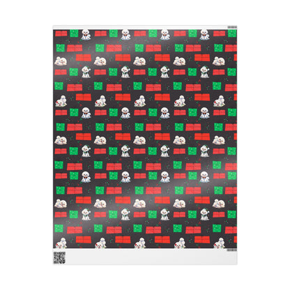 Christmas Bichon Puppy Wrapping Paper — Black Background with Red & Green Presents