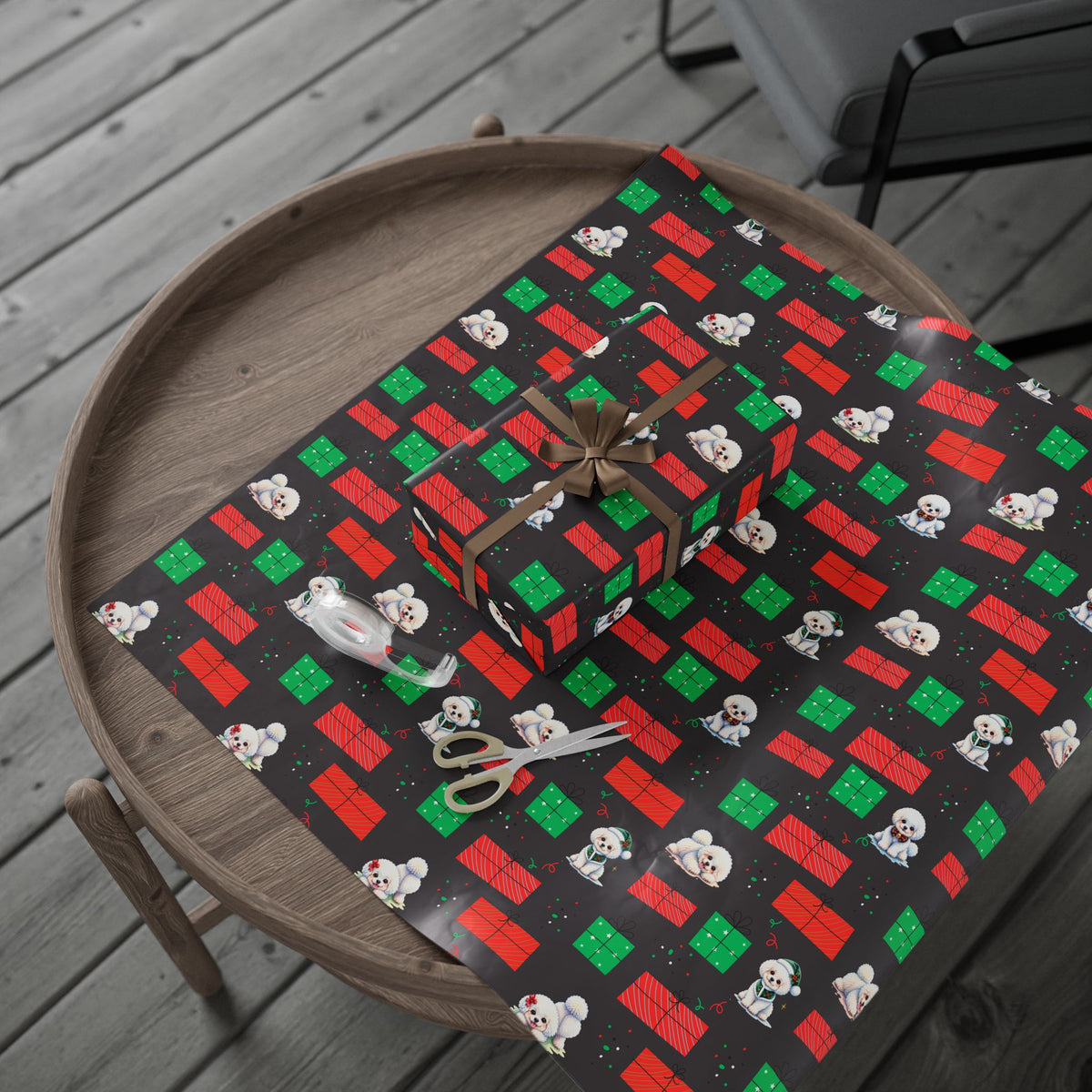 Christmas Bichon Puppy Wrapping Paper — Black Background with Red & Green Presents