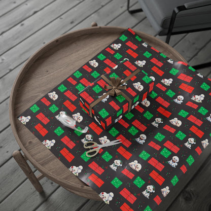 Christmas Bichon Puppy Wrapping Paper — Black Background with Red & Green Presents