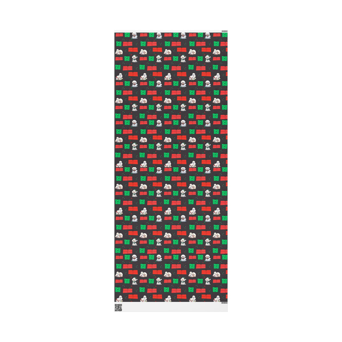 Christmas Bichon Puppy Wrapping Paper — Black Background with Red & Green Presents