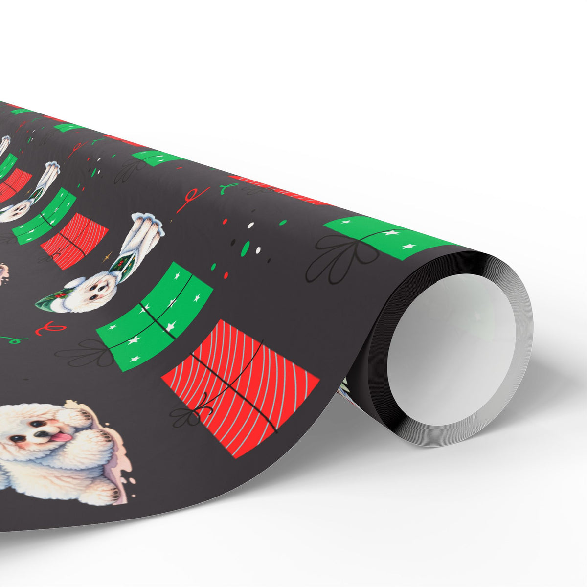 Christmas Bichon Puppy Wrapping Paper — Black Background with Red & Green Presents