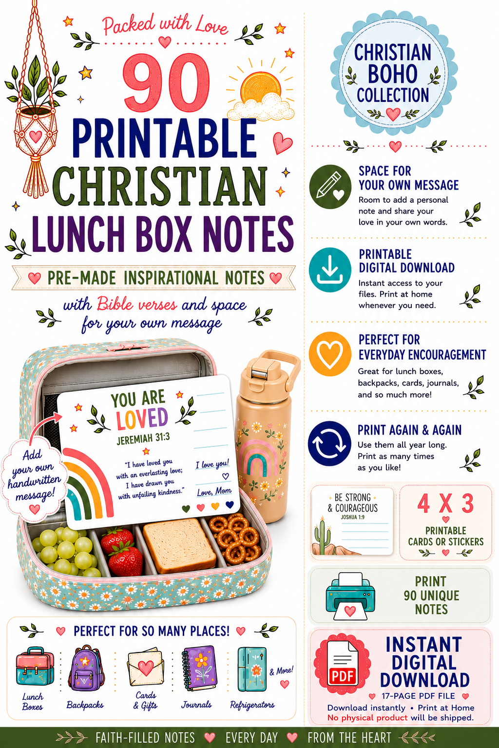 Christian Boho Collection — 90 Printable LunchBox Notes