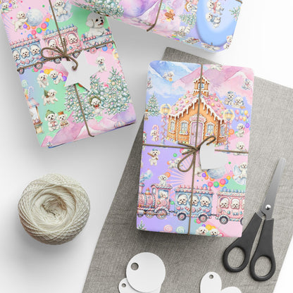 Bichon Frise Puppy Christmas Town Wrapping Paper – Pastel Gingerbread Village