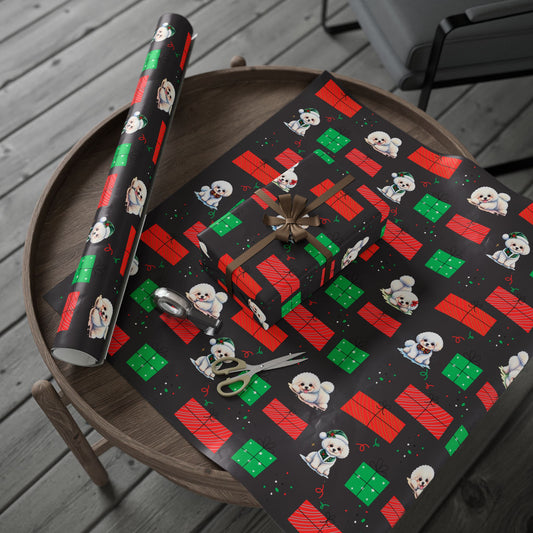 Christmas Bichon Puppy Wrapping Paper — Black Background with Red & Green Presents