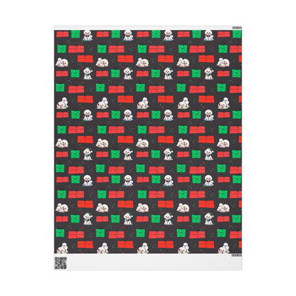 Christmas Bichon Puppy Wrapping Paper — Black Background with Red & Green Presents