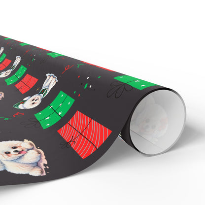 Christmas Bichon Puppy Wrapping Paper — Black Background with Red & Green Presents