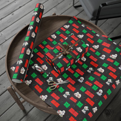 Christmas Bichon Puppy Wrapping Paper — Black Background with Red & Green Presents