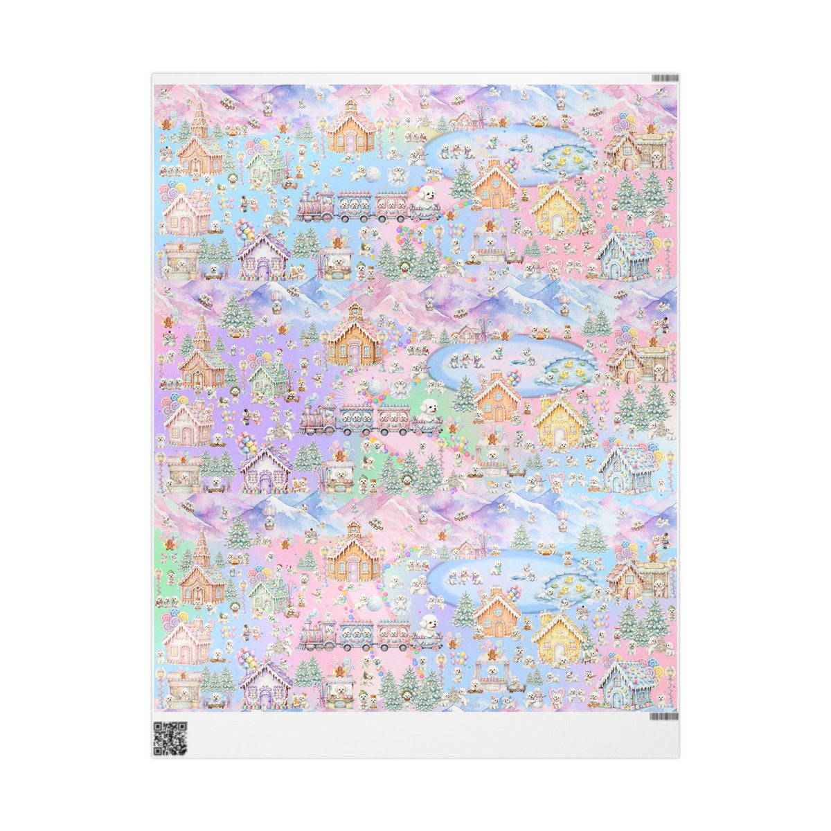 Bichon Frise Puppy Christmas Town Wrapping Paper – Pastel Gingerbread Village
