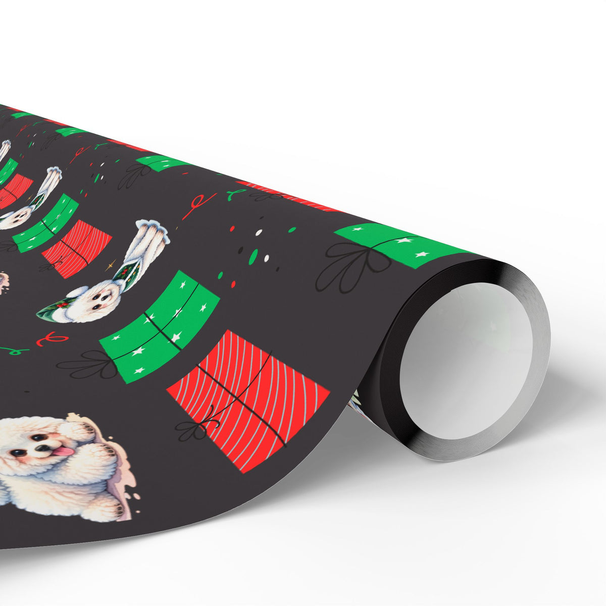Christmas Bichon Puppy Wrapping Paper — Black Background with Red & Green Presents