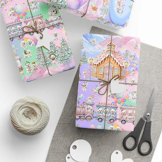 Bichon Frise Puppy Christmas Town Wrapping Paper – Pastel Gingerbread Village
