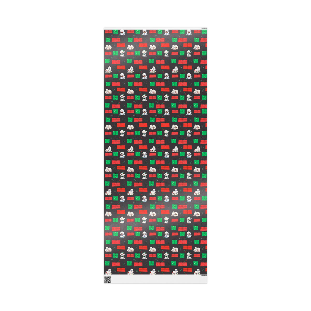 Christmas Bichon Puppy Wrapping Paper — Black Background with Red & Green Presents