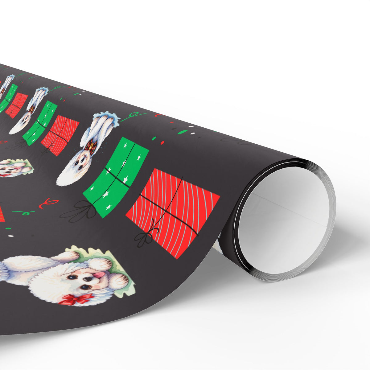 Christmas Bichon Puppy Wrapping Paper — Black Background with Red & Green Presents